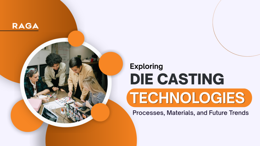 Die casting technologies concept image featuring a team collaborating on design and materials planning, highlighting processes, materials, and future trends in modern manufacturing.