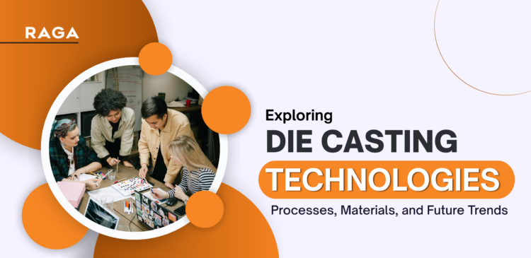 Die casting technologies concept image featuring a team collaborating on design and materials planning, highlighting processes, materials, and future trends in modern manufacturing.