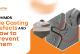 “Graphic titled ‘Common Die Casting Defects and How to Prevent Them’ by RAGA, featuring close-up images of metal cast parts with visible surface defects such as porosity and rough texture, highlighted with a red circle.”