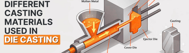 Diagram showing die casting process with molten metal injected into mold cavity, highlighting plunger, pressure chamber, sprue, and ejector pins used in die casting materials manufacturing.