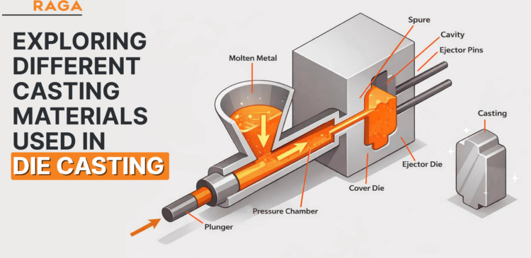 Diagram showing die casting process with molten metal injected into mold cavity, highlighting plunger, pressure chamber, sprue, and ejector pins used in die casting materials manufacturing.