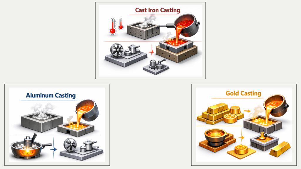 Infographic showing three metal casting processes—cast iron, aluminum, and gold—illustrating molten metal being poured into molds along with heating, cooling, and finishing steps.