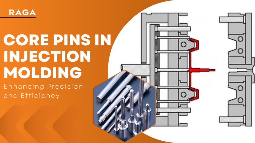 Core pins in injection molding showing mold cross-section diagram and precision metal core pin tools used in plastic mold manufacturing.