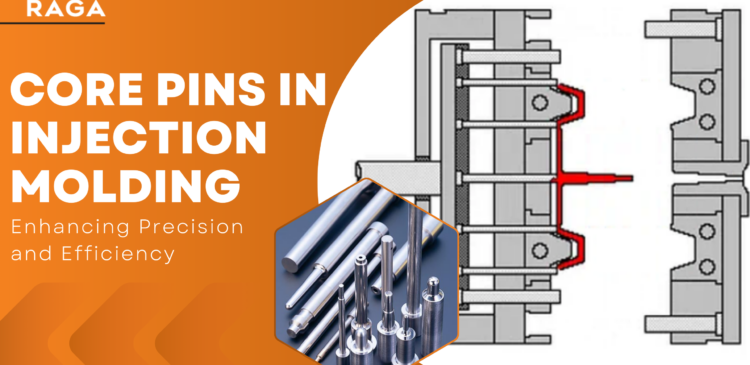 Core pins in injection molding showing mold cross-section diagram and precision metal core pin tools used in plastic mold manufacturing.