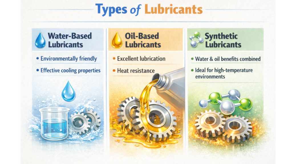 Infographic showing three types of lubricants: water-based (eco-friendly, cooling), oil-based (strong lubrication, heat resistance), and synthetic (combined benefits, high-temperature use).