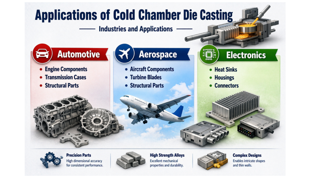 Infographic showing applications of cold chamber die casting in automotive, aerospace, and electronics industries.