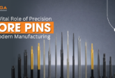 Various precision core pins displayed in different sizes and finishes with overlay text about their vital role in modern manufacturing by RAGA.