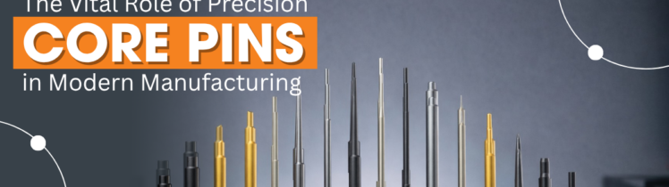 Various precision core pins displayed in different sizes and finishes with overlay text about their vital role in modern manufacturing by RAGA.