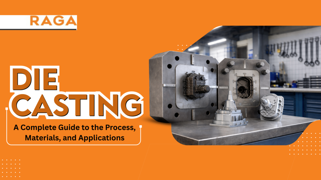 Die casting industrial mold with finished metal parts on a workshop table, illustrating the die casting manufacturing process, materials, and applications in modern metal production.
