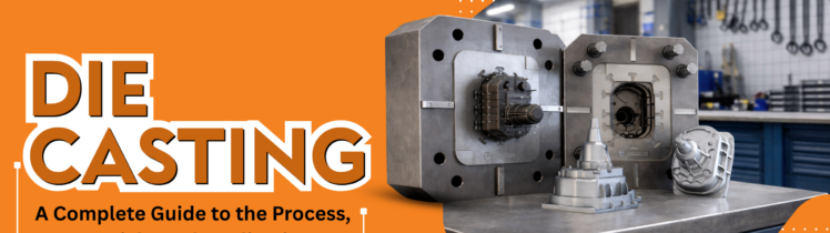 Die casting industrial mold with finished metal parts on a workshop table, illustrating the die casting manufacturing process, materials, and applications in modern metal production.