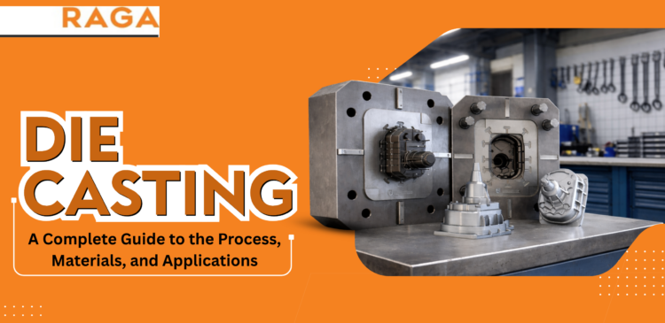 Die casting industrial mold with finished metal parts on a workshop table, illustrating the die casting manufacturing process, materials, and applications in modern metal production.
