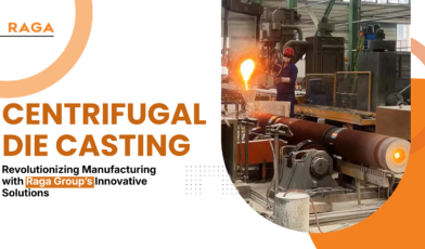 Raga Group centrifugal die casting process in industrial foundry, molten metal poured into rotating mold for precision manufacturing solutions.