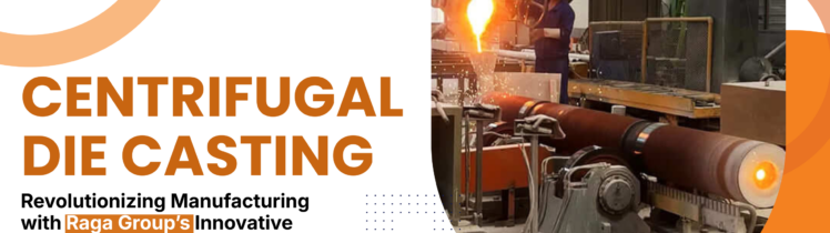 Raga Group centrifugal die casting process in industrial foundry, molten metal poured into rotating mold for precision manufacturing solutions.