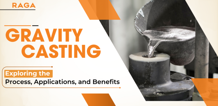 Gravity casting process showing molten metal being poured into a mold, illustrating manufacturing technique, industrial casting equipment, and metal fabrication applications.