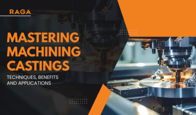 Banner showing CNC milling machines machining metal castings with the headline “Mastering Machining Castings: Techniques, Benefits and Applications” on a black and orange industrial-themed background.