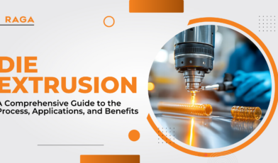 Die extrusion manufacturing process with heated metal rods and precision machinery, illustrating industrial forming technique and production applications