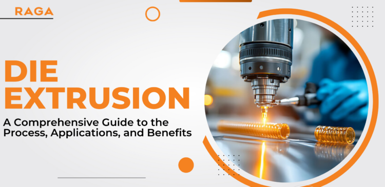 Die extrusion manufacturing process with heated metal rods and precision machinery, illustrating industrial forming technique and production applications