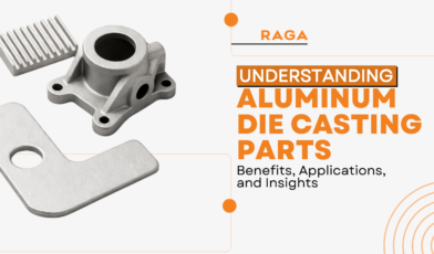 Aluminum die casting parts including a heat sink, mounting bracket, and industrial housing component displayed in a promotional graphic titled ‘Understanding Aluminum Die Casting Parts Benefits, Applications, and Insights’ by RAGA.