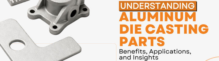 Aluminum die casting parts including a heat sink, mounting bracket, and industrial housing component displayed in a promotional graphic titled ‘Understanding Aluminum Die Casting Parts Benefits, Applications, and Insights’ by RAGA.