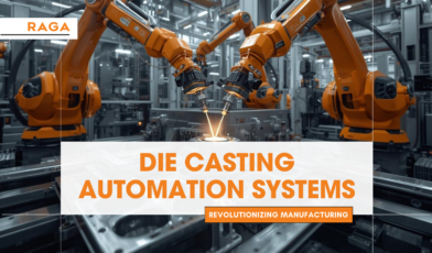 Promotional graphic by RAGA titled ‘Die Casting Automation Systems – Revolutionizing Manufacturing,’ showing multiple orange robotic arms performing automated die casting operations in a modern industrial facility.