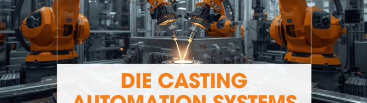 Promotional graphic by RAGA titled ‘Die Casting Automation Systems – Revolutionizing Manufacturing,’ showing multiple orange robotic arms performing automated die casting operations in a modern industrial facility.