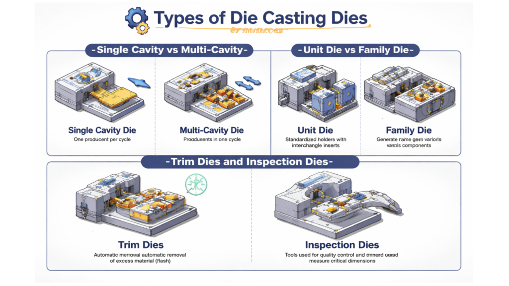 The infographic titled "Types of Die Casting Dies" compares four die casting types: Single vs Multi-Cavity, Unit vs Family, and Trim vs Inspection Dies. Each section features 3D illustrations showing their functions and applications. The design uses a blue and orange color scheme for clarity and visual appeal.