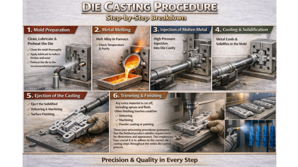 Infographic titled “Die Casting Procedure” showing six steps: mold preparation, metal melting, injection, cooling, ejection, and trimming & finishing, illustrated with industrial machinery and molten metal visuals.
