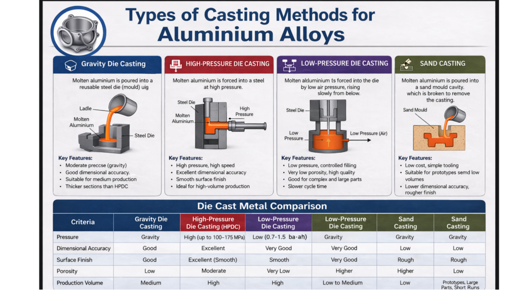 Horizontal infographic showing four aluminium casting methods—Gravity, High-Pressure (HPDC), Low-Pressure, and Sand Casting—with diagrams and a comparison table below.