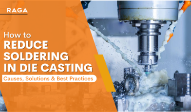 Banner showing a CNC milling machine cutting a metal die casting part with coolant spray, with the headline “How to Reduce Soldering in Die Casting: Causes, Solutions & Best Practices."