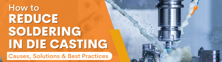 Banner showing a CNC milling machine cutting a metal die casting part with coolant spray, with the headline “How to Reduce Soldering in Die Casting: Causes, Solutions & Best Practices."