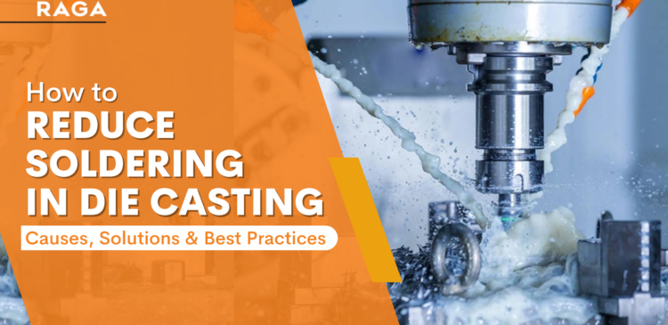 Banner showing a CNC milling machine cutting a metal die casting part with coolant spray, with the headline “How to Reduce Soldering in Die Casting: Causes, Solutions & Best Practices."