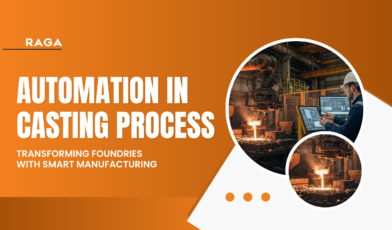 Smart manufacturing in metal casting process showing automated foundry equipment, molten metal pouring, and engineer using digital control system