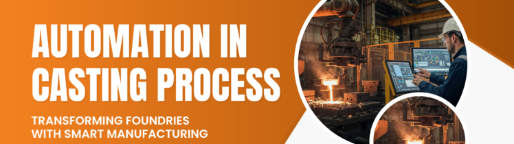 Smart manufacturing in metal casting process showing automated foundry equipment, molten metal pouring, and engineer using digital control system