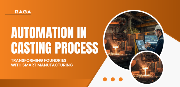 Smart manufacturing in metal casting process showing automated foundry equipment, molten metal pouring, and engineer using digital control system