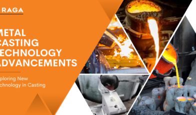 Metal casting process with molten metal being poured into molds, highlighting technological advancements in casting, with RAGA branding and text about exploring new casting technology.
