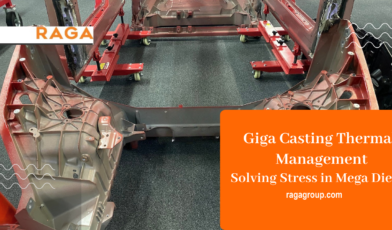 Giga casting thermal management system in a mega die designed to minimize thermal stress and improve die life in HPDC processes.