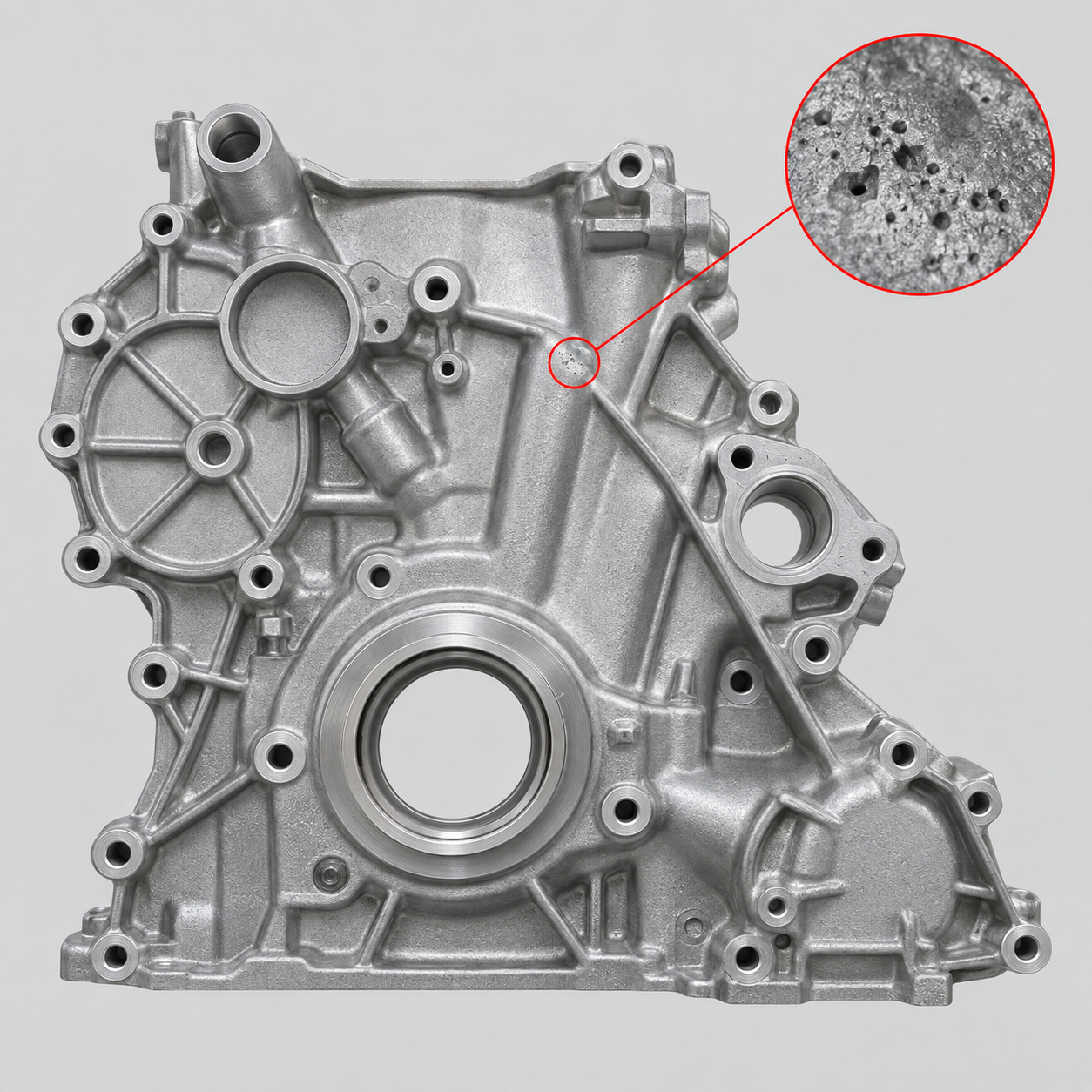 Die-cast timing cover with an illustrated porosity close-up